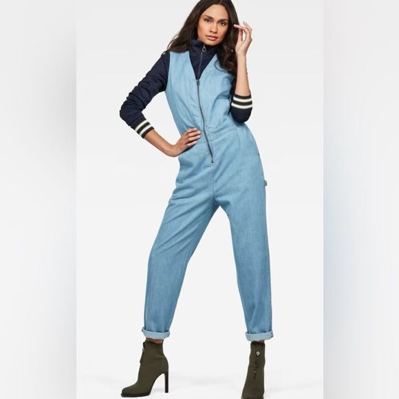 G STAR RAW Utility loose dungaree jumpsuit size M sleeveless light blue - Picture 2 of 16